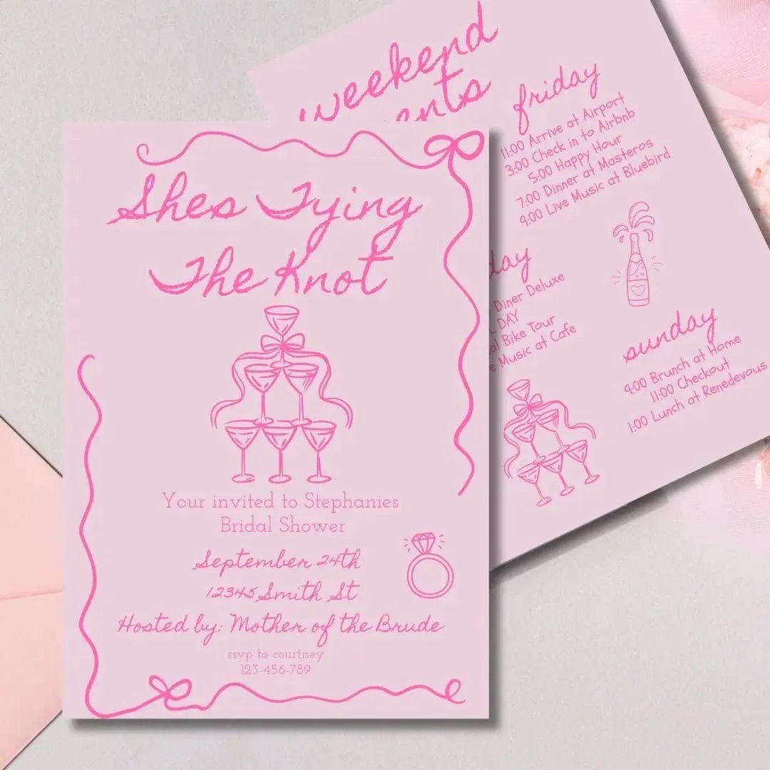 Bridal Shower Invitation Template - She's Tying the Knot with Pink Bow Ribbon Design Bach and Boujee Invitations