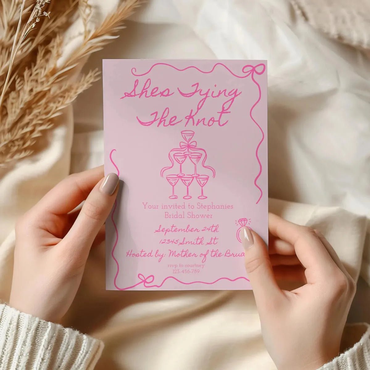 Bridal Shower Invitation Template - She's Tying the Knot with Pink Bow Ribbon Design Bach and Boujee Invitations