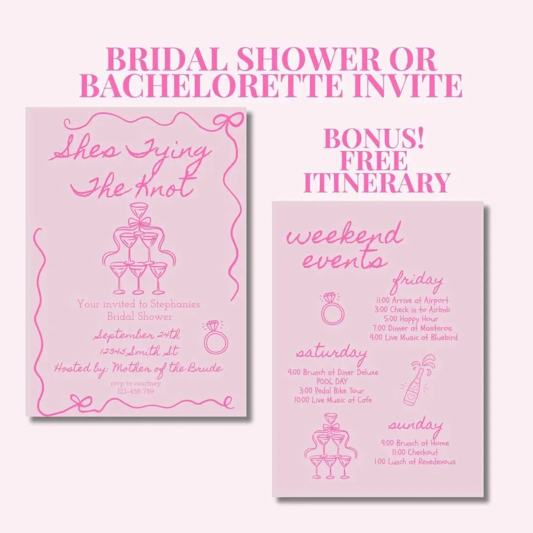 Bridal Shower Invitation Template - She's Tying the Knot with Pink Bow Ribbon Design Bach and Boujee Invitations