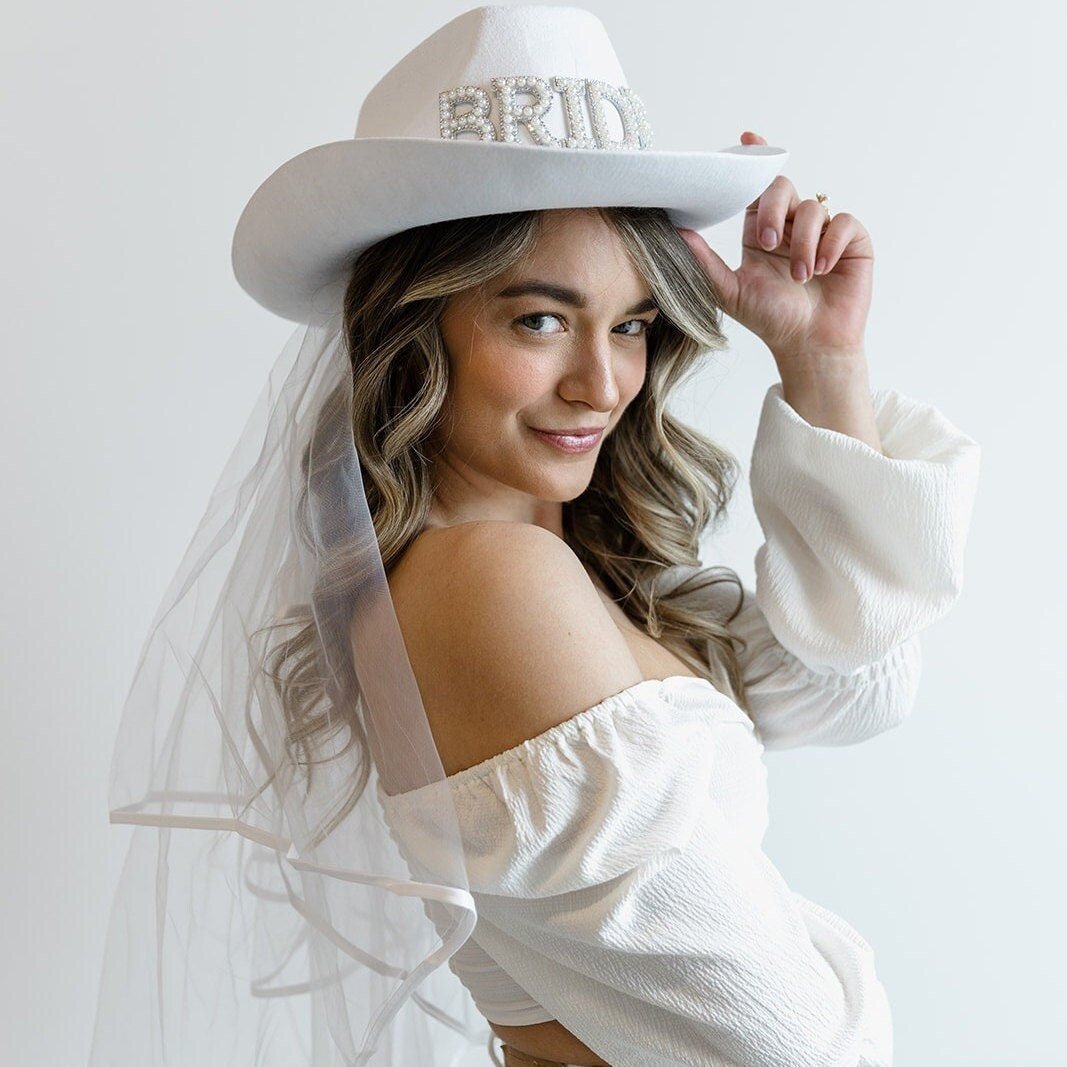 Bride Cowboy Hat with Veil Bach and Boujee
