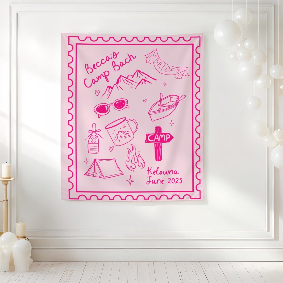 Camp Bachelorette Tapestry Banner Sign for Rustic Cabin Adventure Bachelorette Decor Wild in the Woods Bach and Boujee