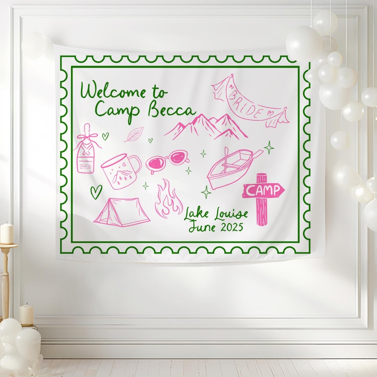 Camp Bachelorette Tapestry Banner Sign for Rustic Cabin Adventure Bachelorette Decor Wild in the Woods Bach and Boujee
