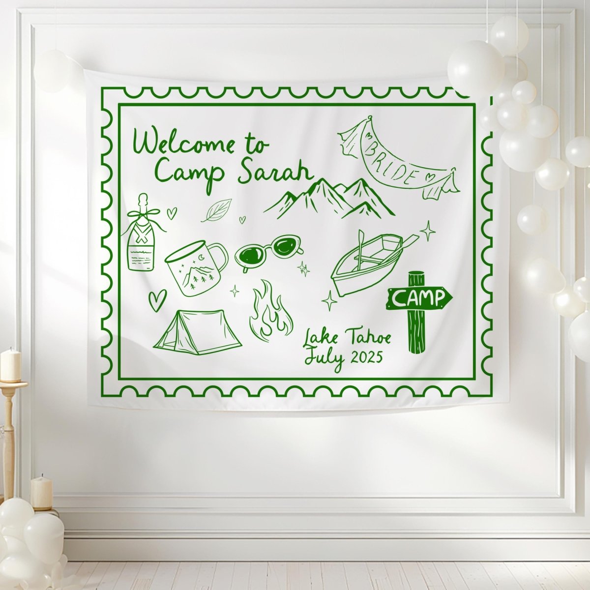 Camp Bachelorette Tapestry Banner Sign for Rustic Cabin Adventure Bachelorette Decor Wild in the Woods Bach and Boujee