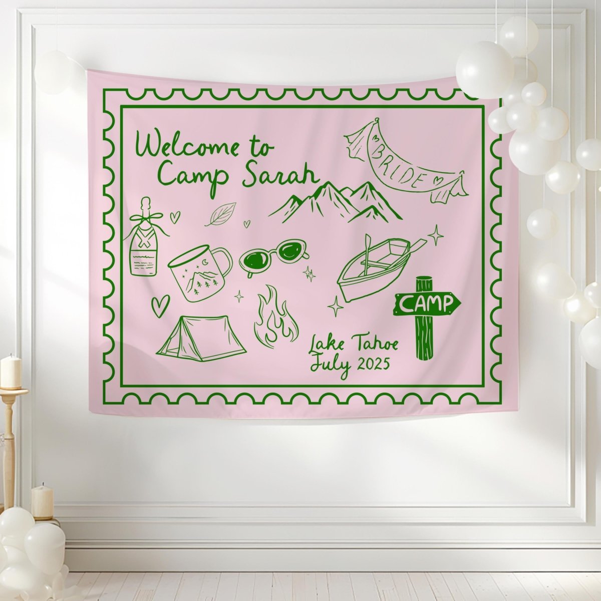Camp Bachelorette Tapestry Banner Sign for Rustic Cabin Adventure Bachelorette Decor Wild in the Woods Bach and Boujee