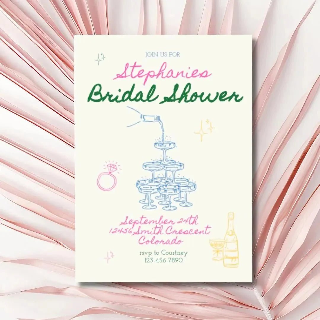 Contemporary Wedding Shower Invite with Artful Design & Entertaining Champagne Games Bach and Boujee Invitations