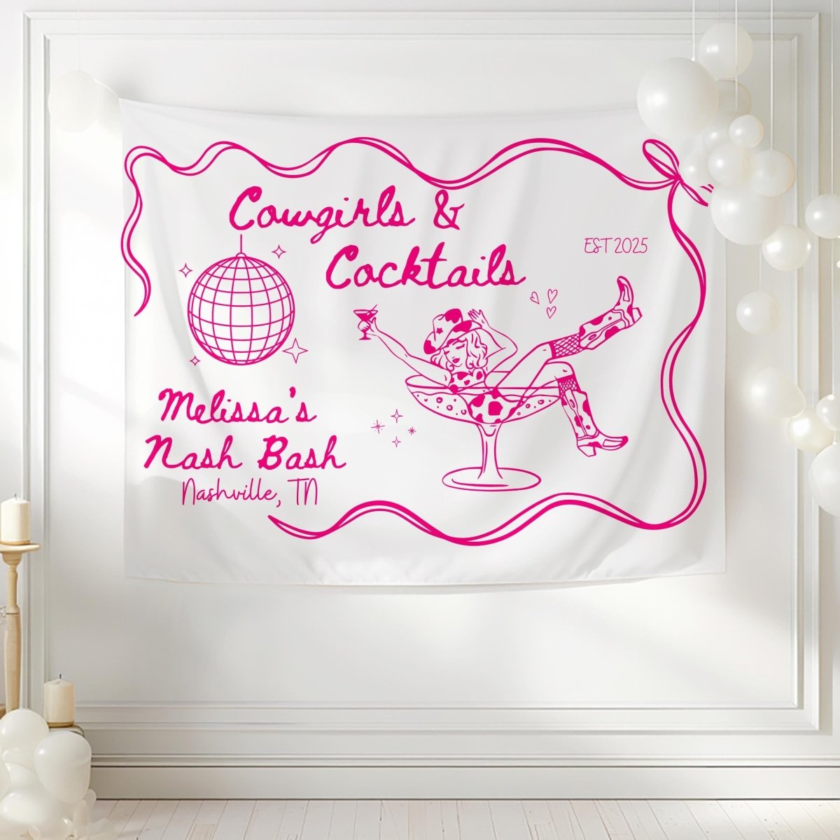 Cowgirls & Cocktails Tapestry Wall Banner - Country BOHO Bachelorette Banner Nashville Decoration Bach and Boujee