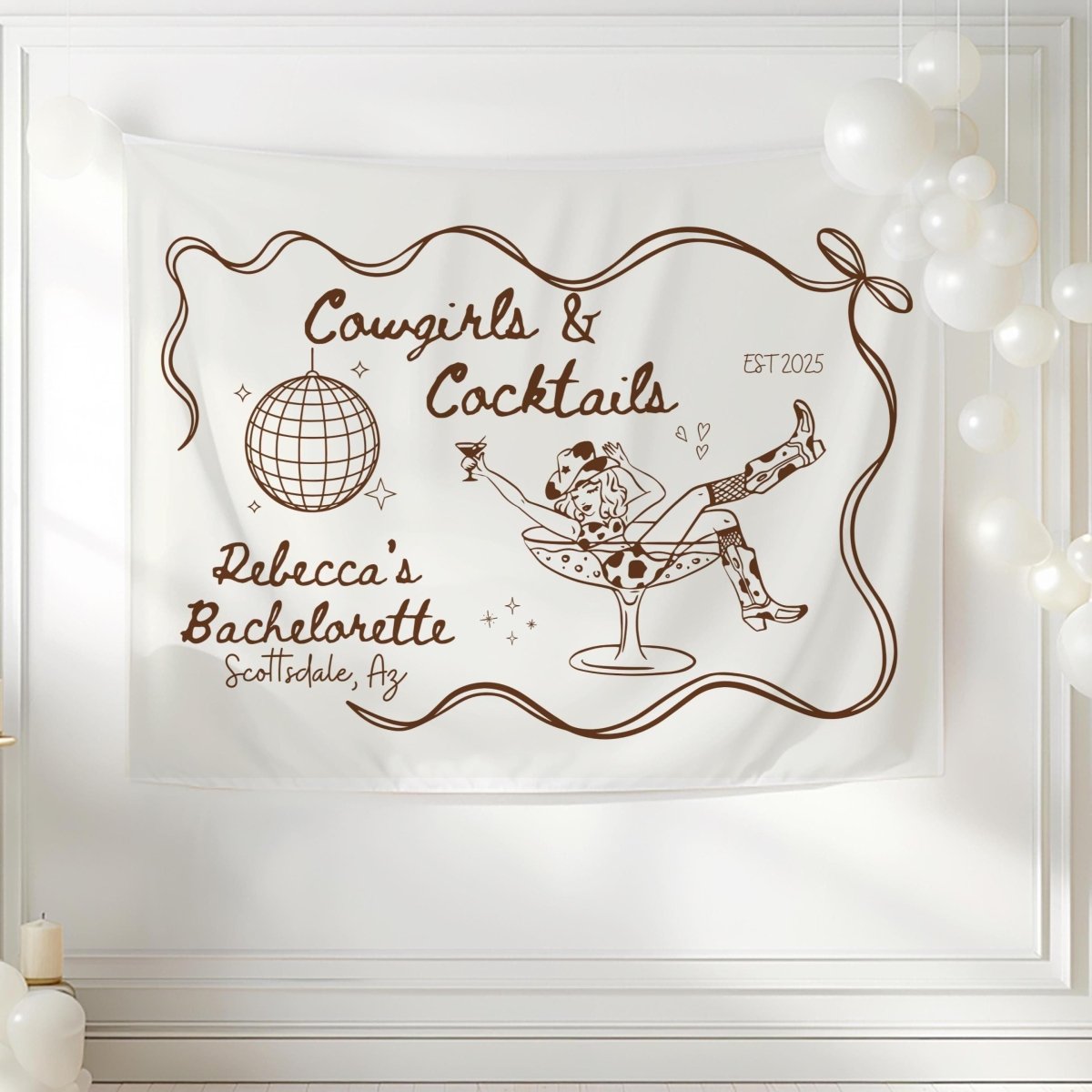 Cowgirls & Cocktails Tapestry Wall Banner - Country BOHO Bachelorette Banner Nashville Decoration Bach and Boujee
