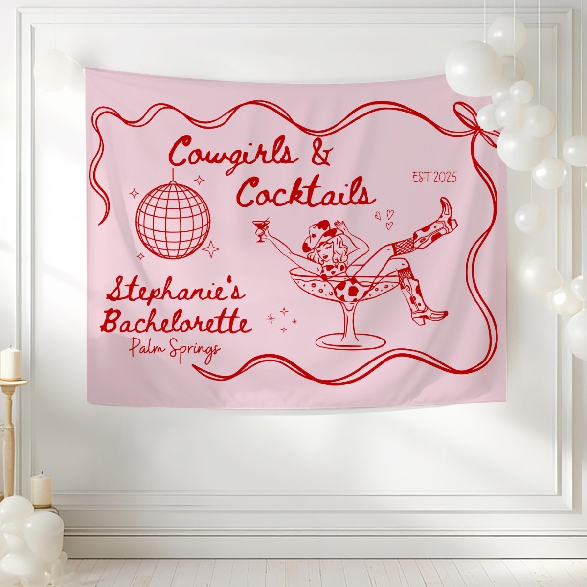 Cowgirls & Cocktails Tapestry Wall Banner - Country BOHO Bachelorette Banner Nashville Decoration Bach and Boujee