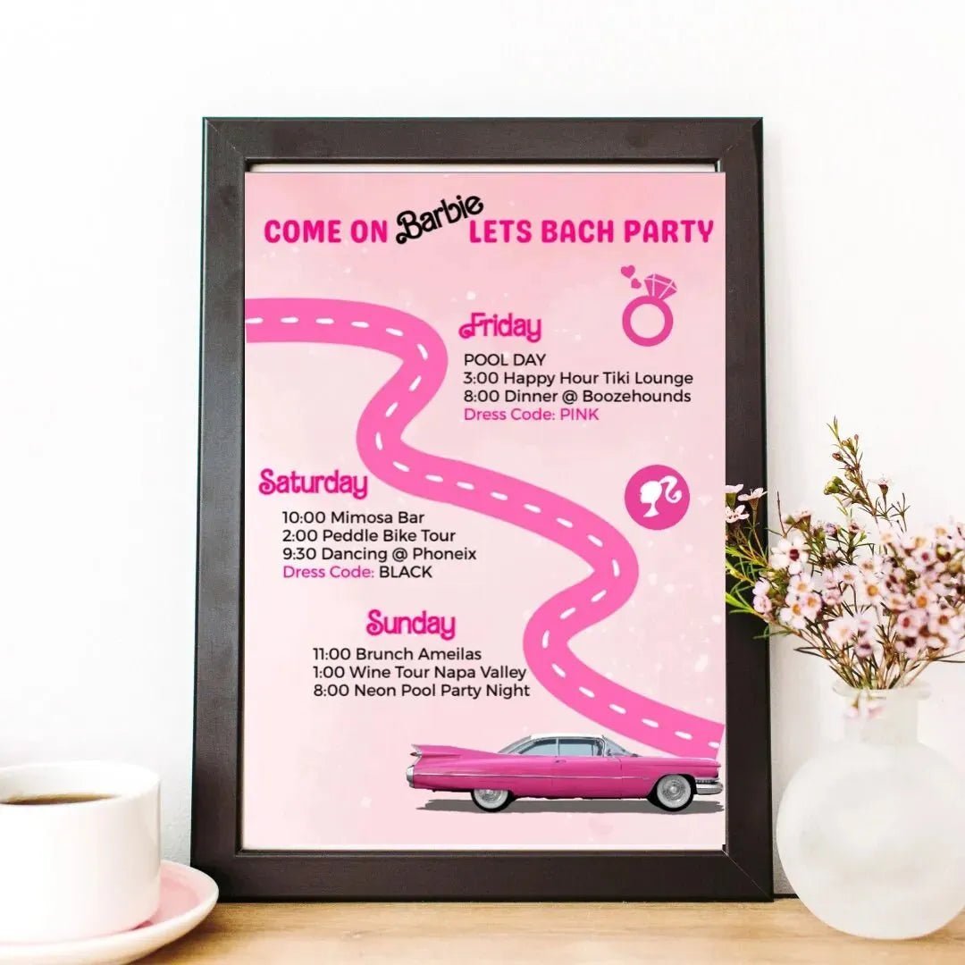 Customizable Bachelorette Party Itinerary Template - Digital Barbie Doll Download Bach and Boujee Invitations