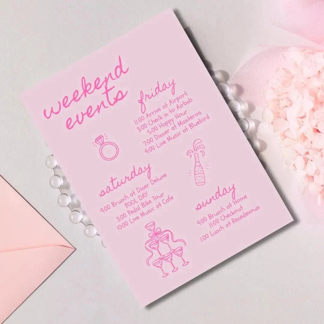 Customizable Bachelorette Schedule Invite Design for Bridal Gathering Hen Soiree with Chic Pink Ribbon Bach and Boujee Invitations