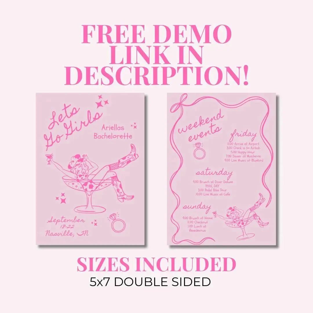 Customizable Bachelorette Schedule Invite Design for Bridal Gathering Hen Soiree with Chic Pink Ribbon Bach and Boujee Invitations
