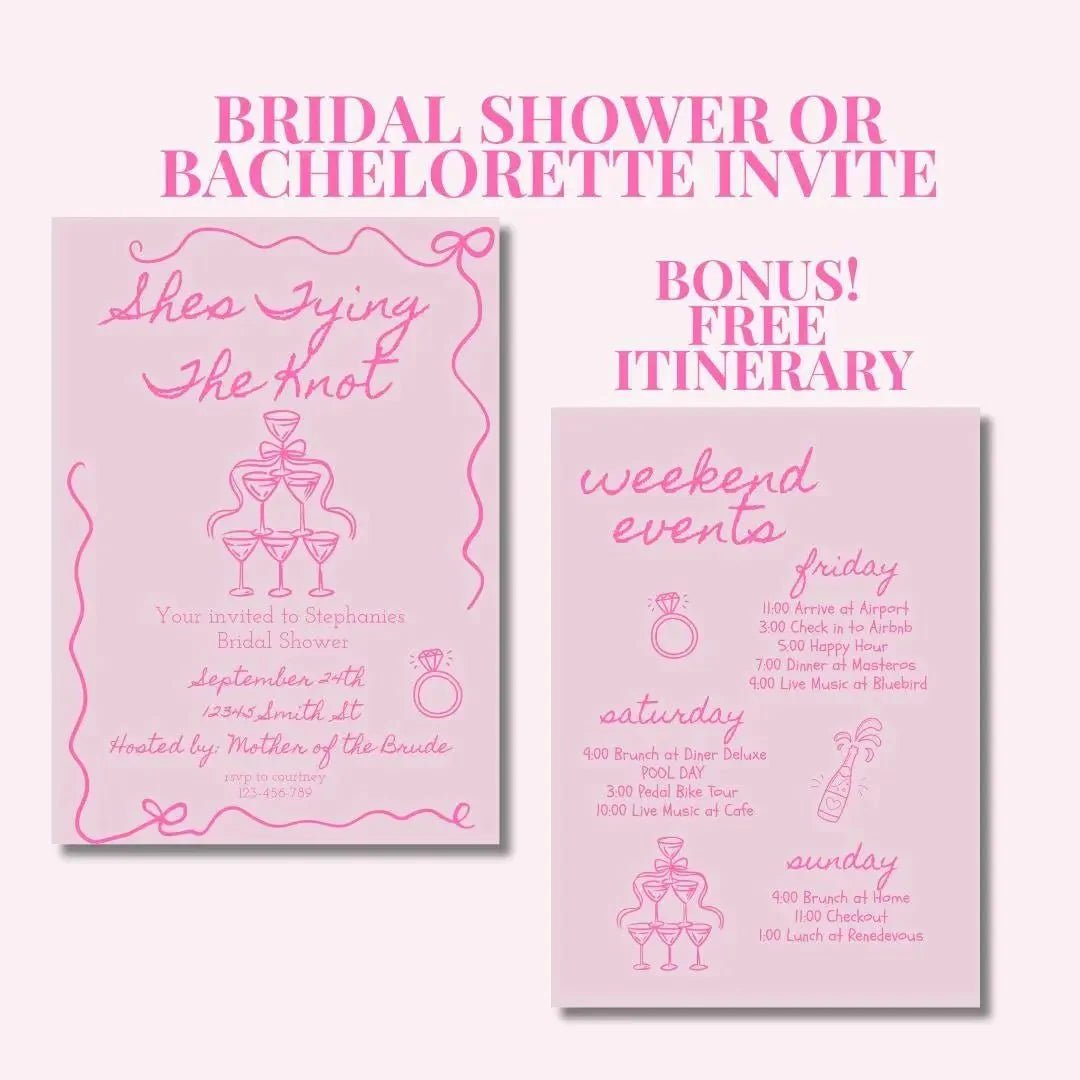 Customizable Bachelorette Schedule Invite Design for Bridal Gathering Hen Soiree with Chic Pink Ribbon Bach and Boujee Invitations