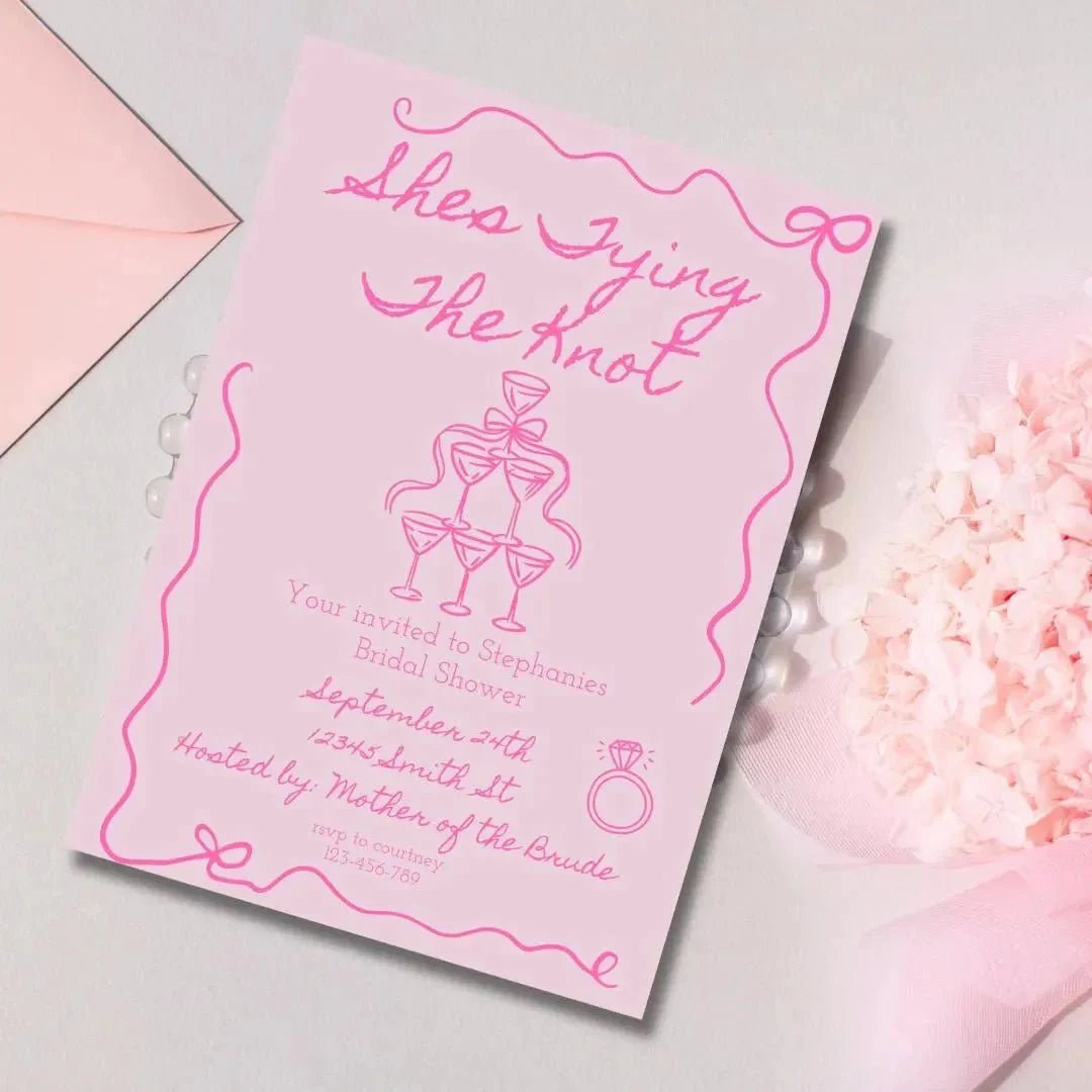 Customizable Bachelorette Schedule Invite Design for Bridal Gathering Hen Soiree with Chic Pink Ribbon Bach and Boujee Invitations