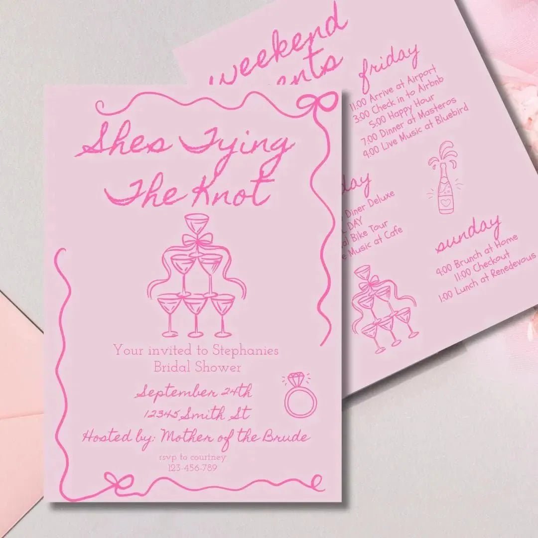 Customizable Bachelorette Schedule Invite Design for Bridal Gathering Hen Soiree with Chic Pink Ribbon Bach and Boujee Invitations