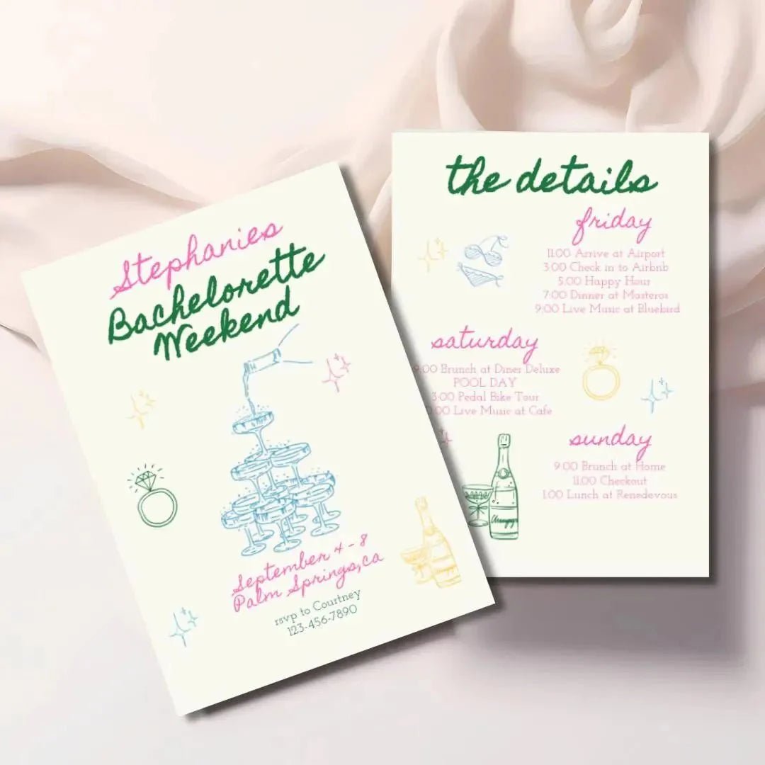 Customizable Vibrant Hand - Penned Bachelorette Schedule Digital Invite Template for Hen Soiree Bach and Boujee Invitations