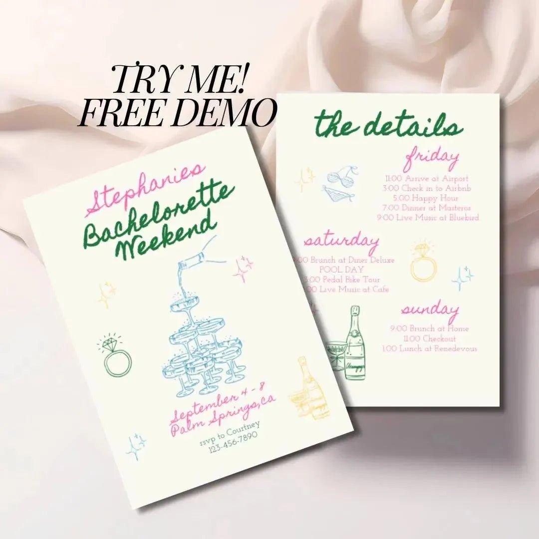 Customizable Vibrant Hand - Penned Bachelorette Schedule Digital Invite Template for Hen Soiree Bach and Boujee Invitations