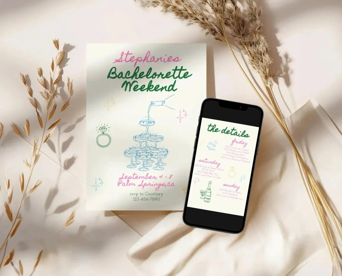 Customizable Vibrant Hand - Penned Bachelorette Schedule Digital Invite Template for Hen Soiree Bach and Boujee Invitations