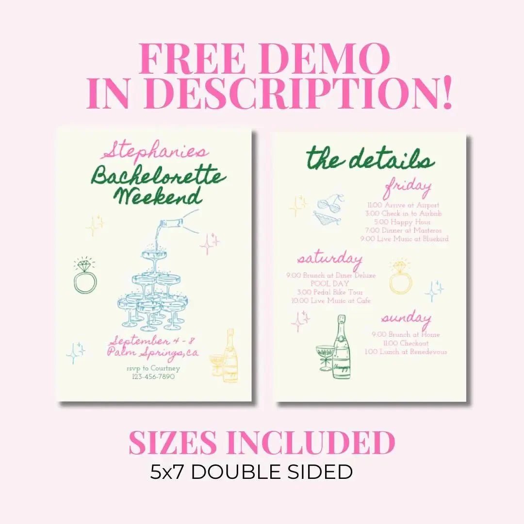 Customizable Vibrant Hand - Penned Bachelorette Schedule Digital Invite Template for Hen Soiree Bach and Boujee Invitations