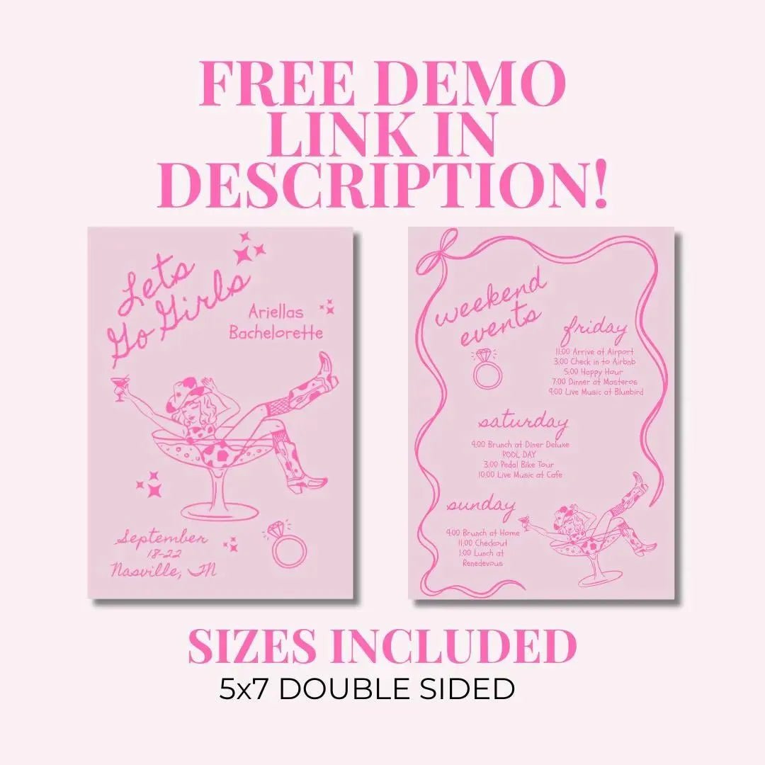 Editable Bachelorette Itinerary Invitation Template for Bridal Shower Hen Party with Pink Bow Bach and Boujee Invitations
