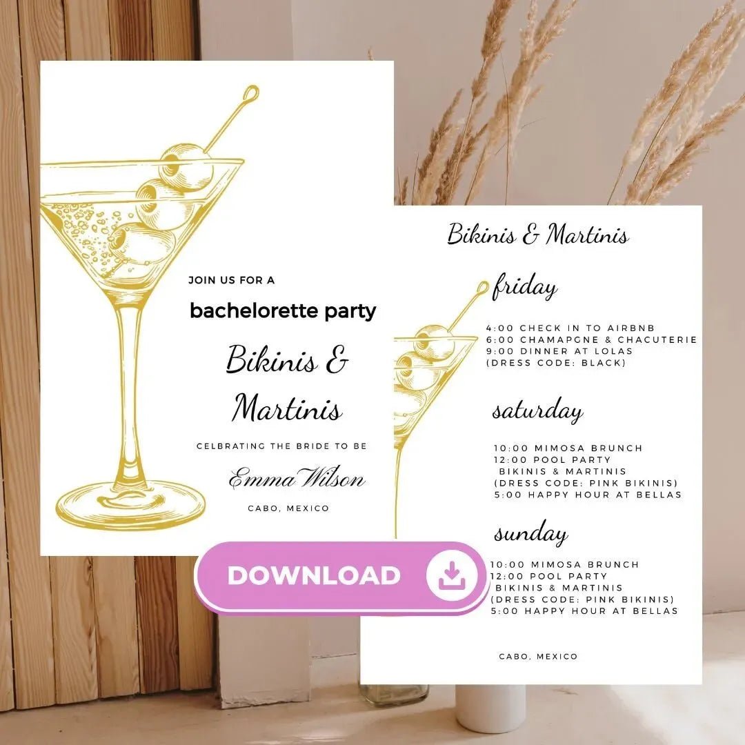 Editable Bachelorette Itinerary Template Fun Cabo Cancun Vegas Bikinis Martinis Theme Bach and Boujee Invitations