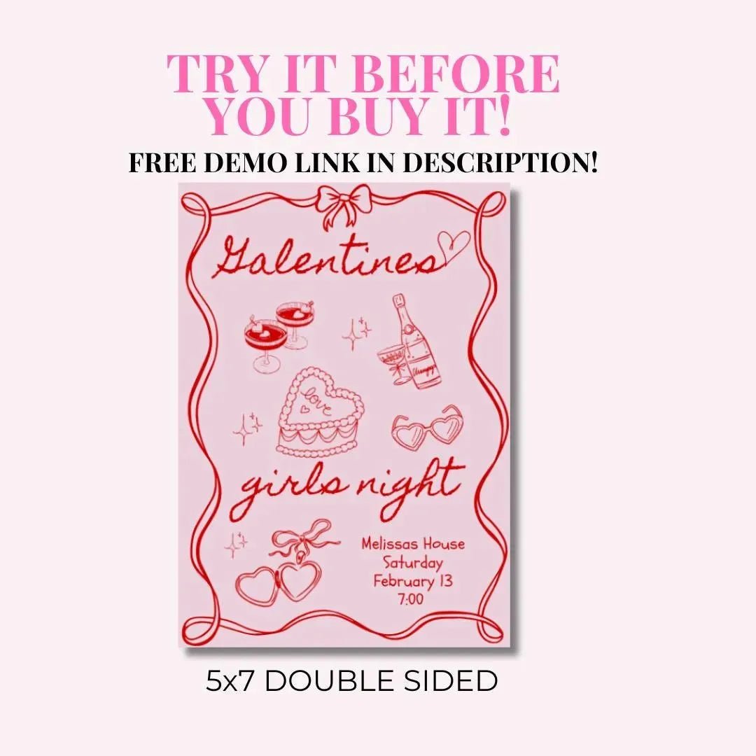 Editable Hand - Drawn Galentines Dinner Invitation Template - Perfect for Charcuterie Girls Night Bach and Boujee Invitations