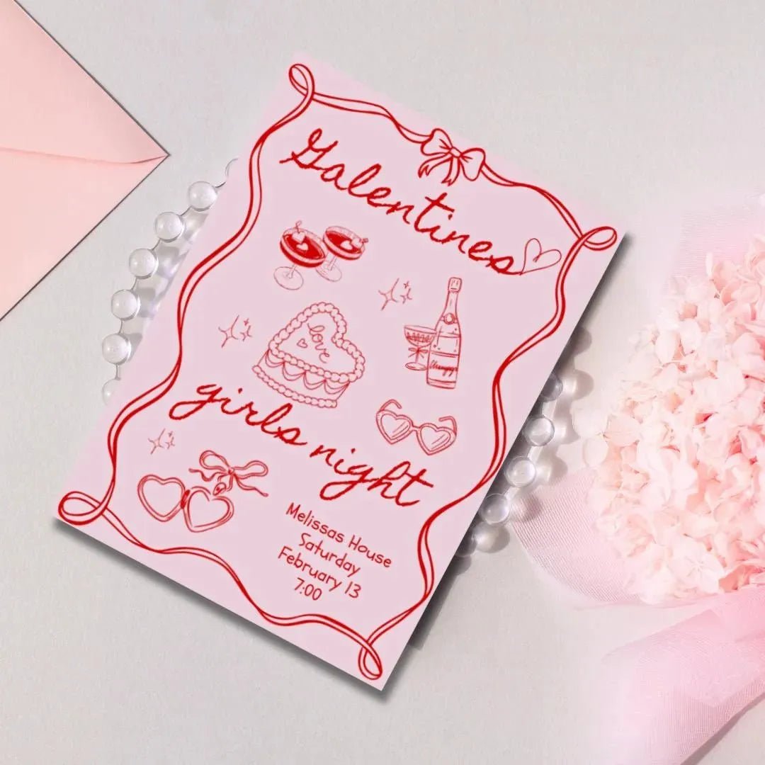 Editable Hand - Drawn Galentines Dinner Invitation Template - Perfect for Charcuterie Girls Night Bach and Boujee Invitations