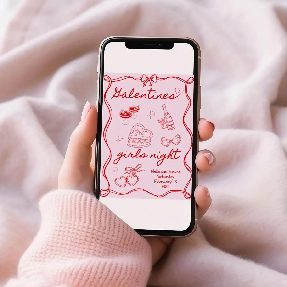 Editable Hand - Drawn Galentines Dinner Invitation Template - Perfect for Charcuterie Girls Night Bach and Boujee Invitations