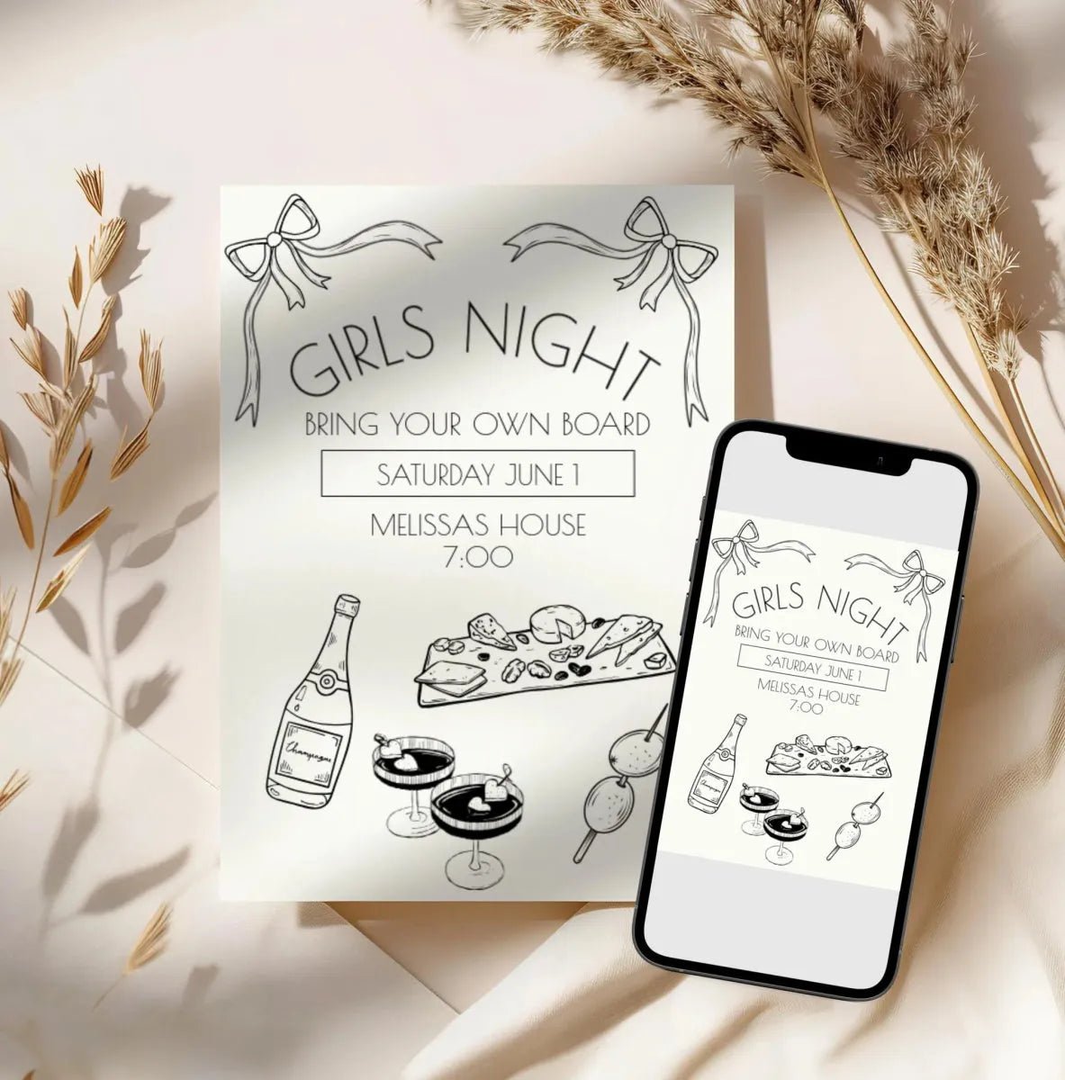 Editable Hand - Drawn Girls Night Charcuterie Birthday Invitation Template Bach and Boujee Invitations
