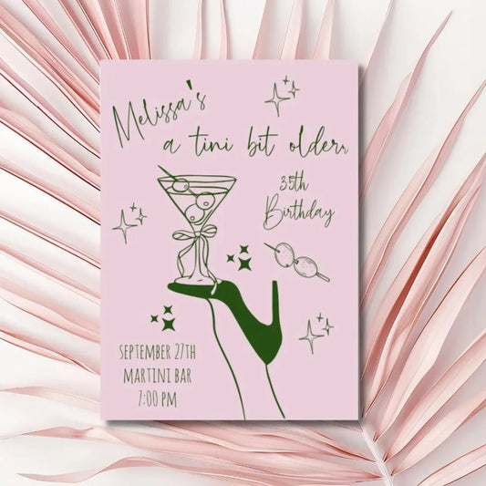 Editable Hand - Drawn Martini Birthday Invitation Template for 21st 25th 30th 40th Celebrations Bach and Boujee Invitations