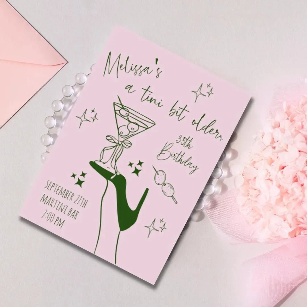 Editable Hand - Drawn Martini Birthday Invitation Template for 21st 25th 30th 40th Celebrations Bach and Boujee Invitations