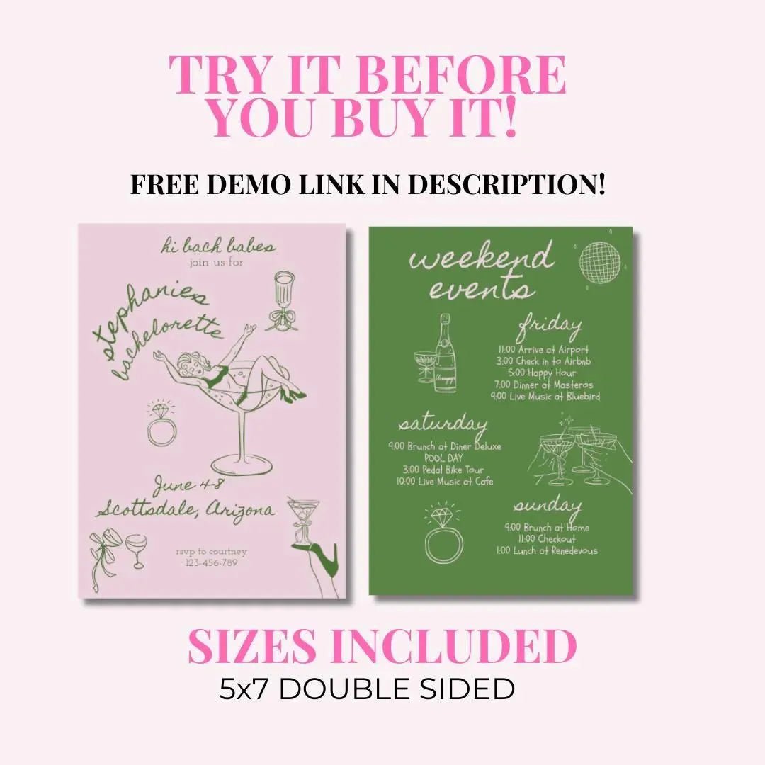 Hand - Drawn Bachelorette Weekend Invitation Template with Elegant Coquette Itinerary for Hens Party Bach and Boujee Invitations