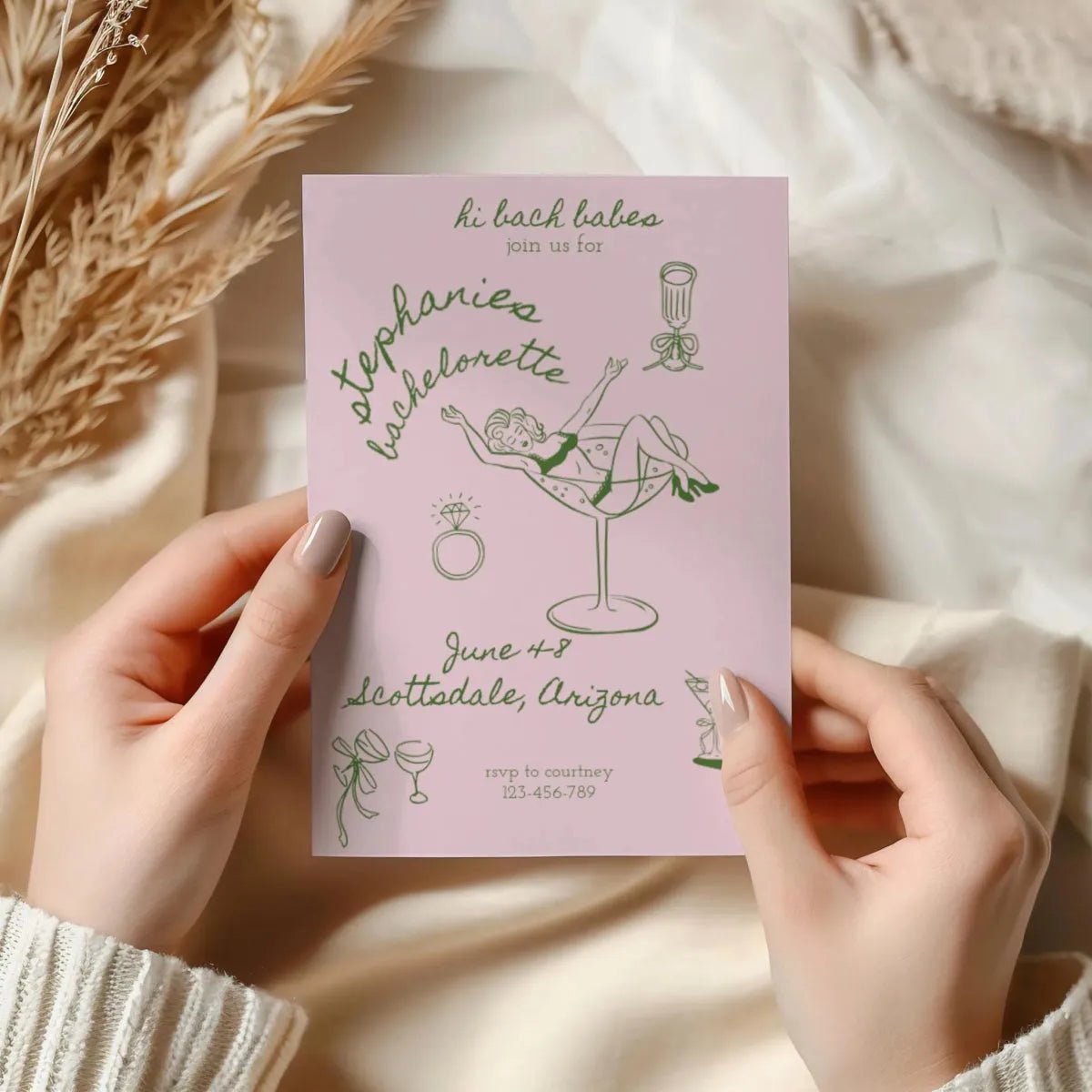 Hand Drawn Martini Itinerary Template for Bachelorette Party - Coquette Champagne Hens Invitation Bach and Boujee Invitations
