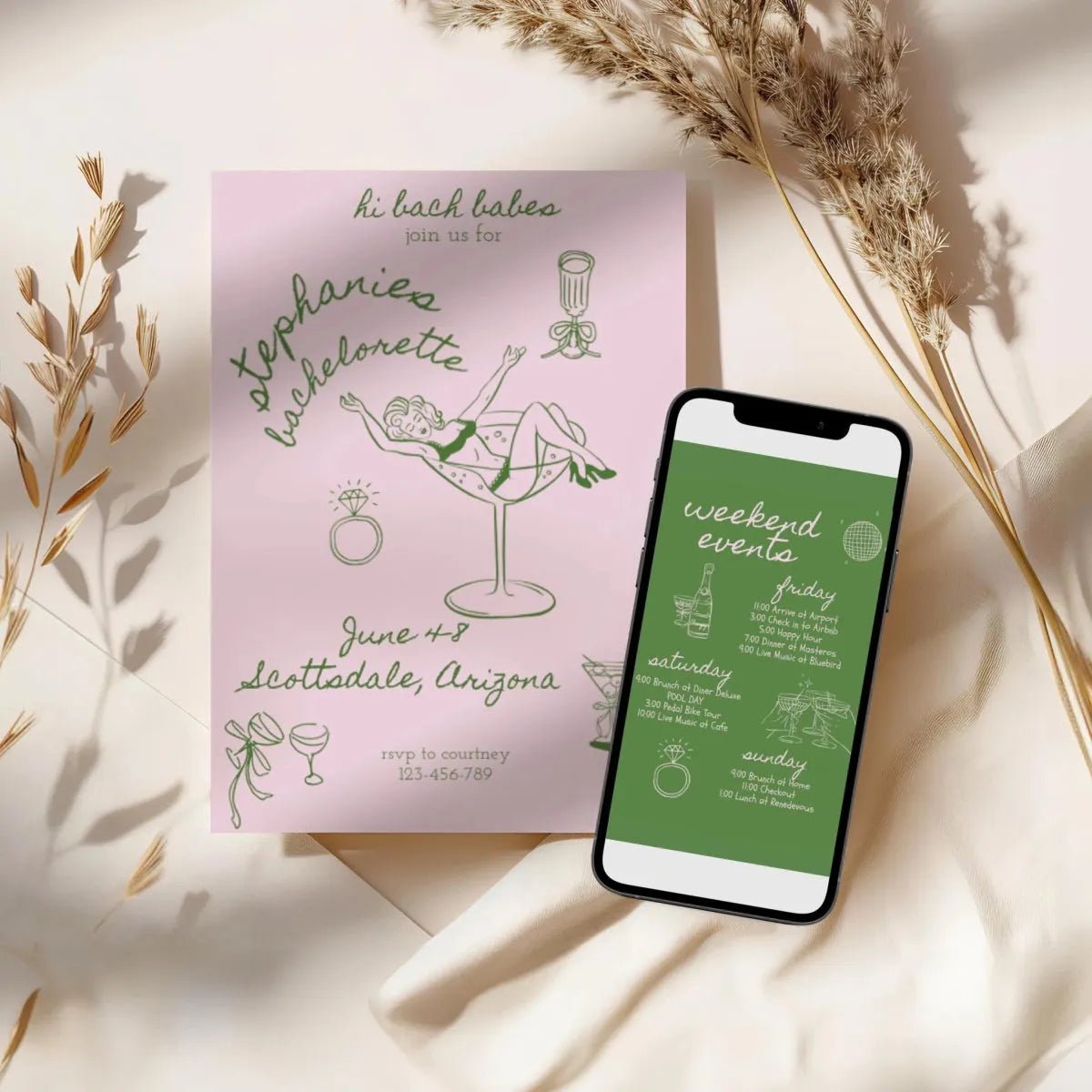 Hand Drawn Martini Itinerary Template for Bachelorette Party - Coquette Champagne Hens Invitation Bach and Boujee Invitations