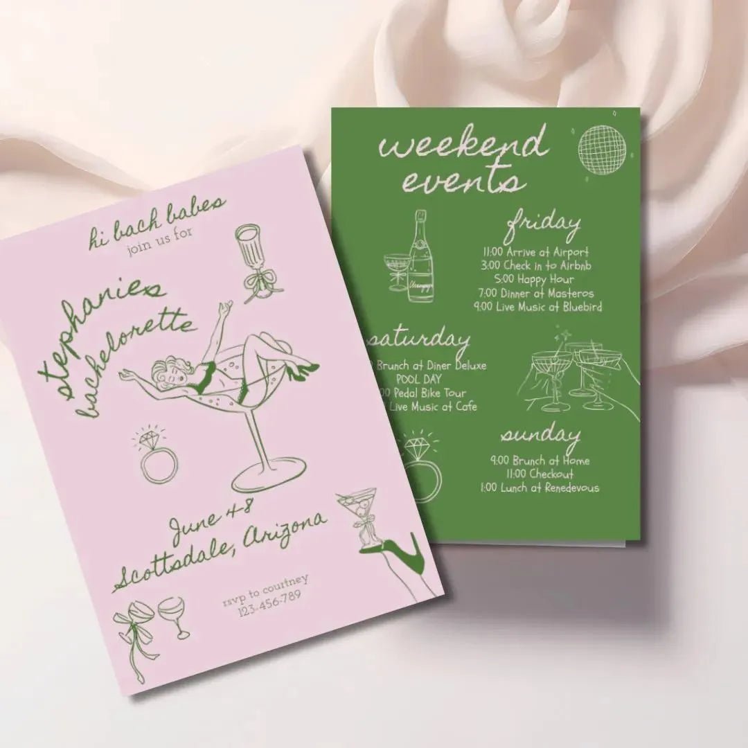 Hand Drawn Martini Itinerary Template for Bachelorette Party - Coquette Champagne Hens Invitation Bach and Boujee Invitations