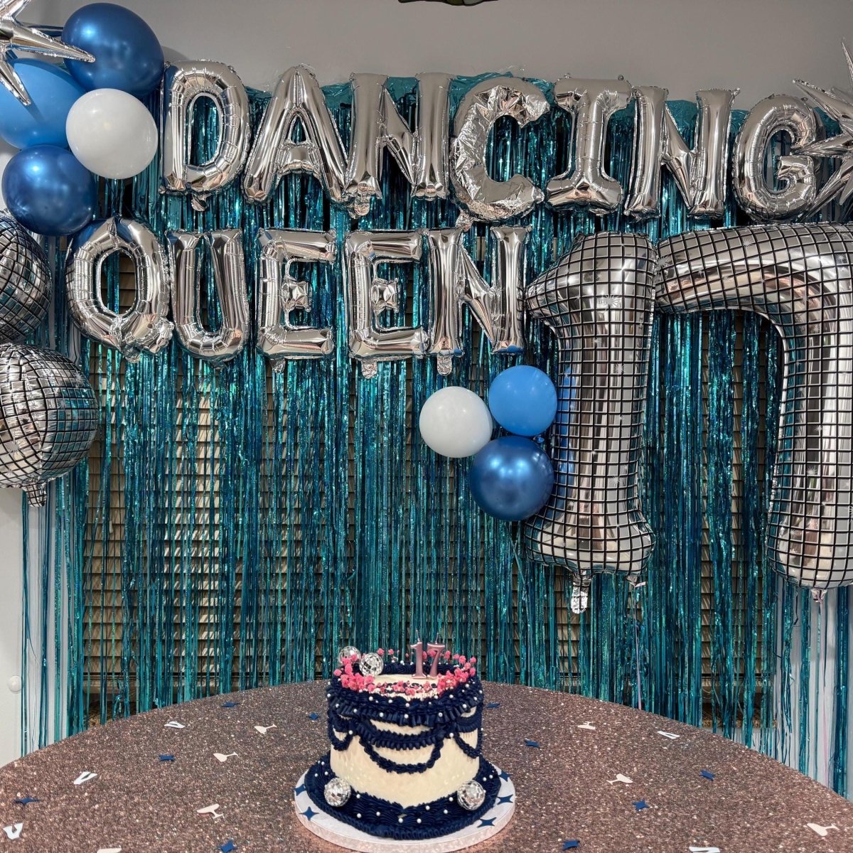 Last Toast on the Coast Blue Tinsel Curtain Backdrop Bach and Boujee