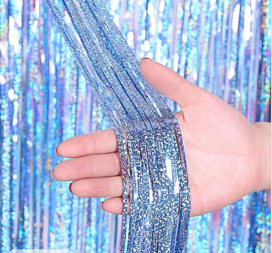 Last Toast on the Coast Blue Tinsel Curtain Backdrop Bach and Boujee