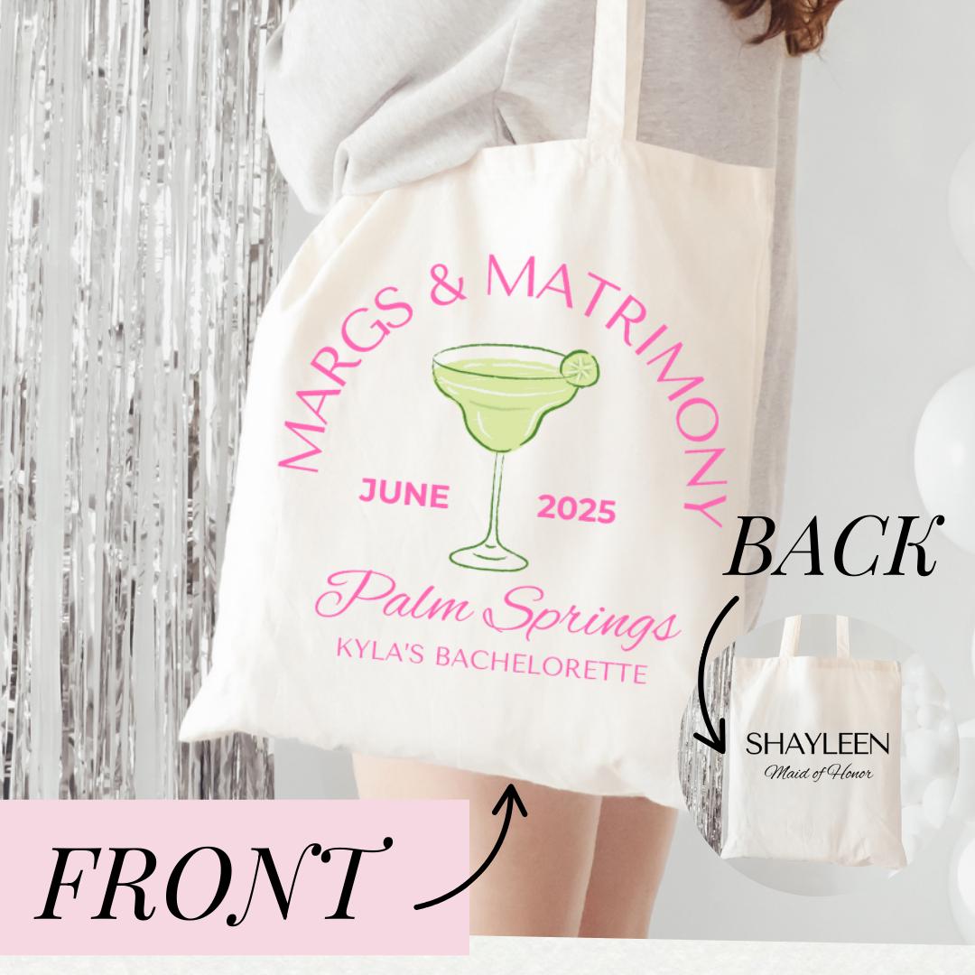 Margaritas and Matrimony Custom Gift Bachelorette Tote Bag Margs - Peronsalized Names Custom Margarita Bachelorette Party Favor Hangover SOS Kit Bach and Boujee