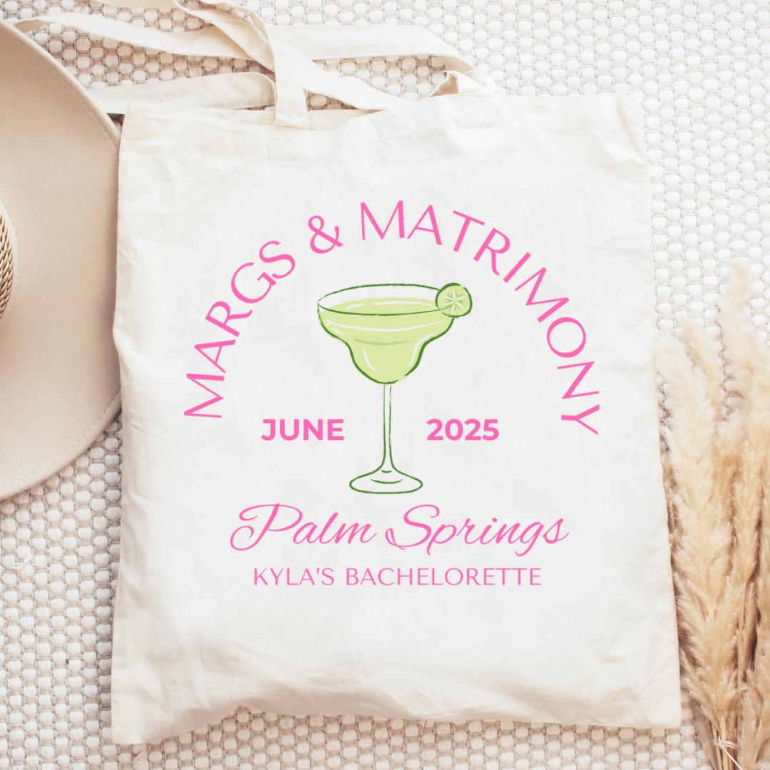 Margaritas and Matrimony Custom Gift Bachelorette Tote Bag Margs - Peronsalized Names Custom Margarita Bachelorette Party Favor Hangover SOS Kit Bach and Boujee
