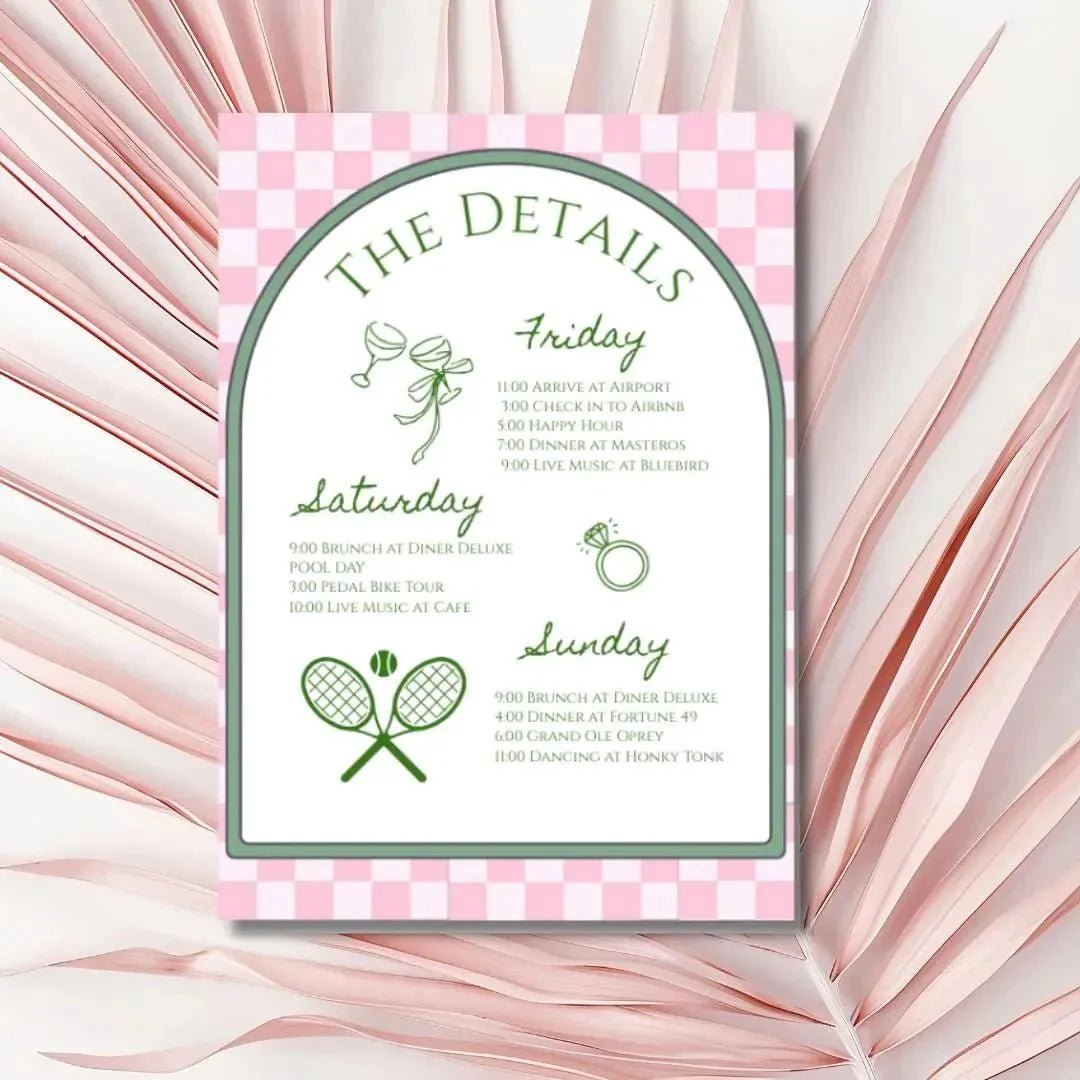Match Point Tennis Themed Invitation and Itinerary for Hen Party Bach and Boujee Invitations