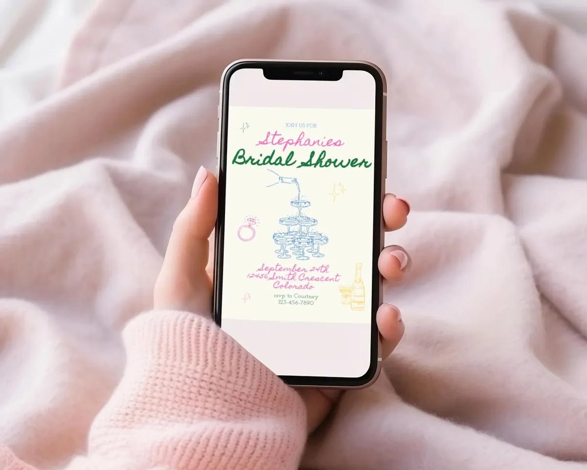 Modern Bridal Shower Invitation Template with Colorful Design Fun Champagne Games Bach and Boujee Invitations