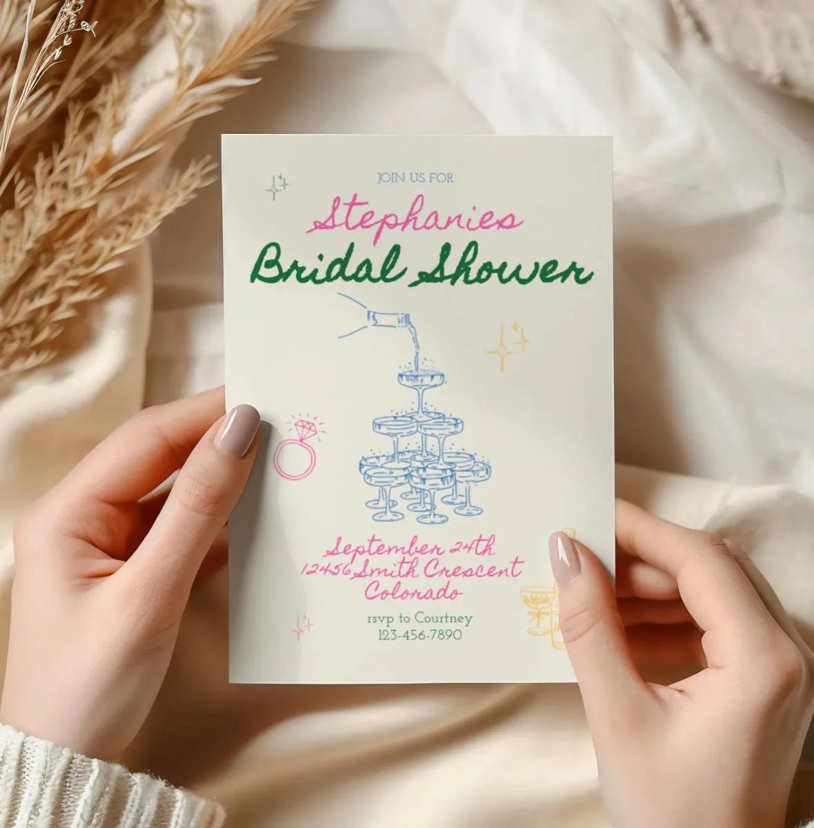 Modern Bridal Shower Invitation Template with Colorful Design Fun Champagne Games Bach and Boujee Invitations