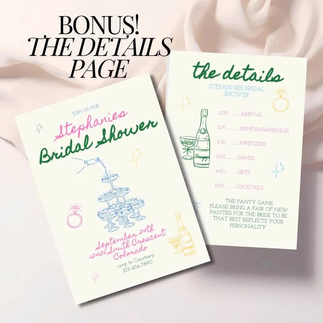 Modern Bridal Shower Invitation Template with Colorful Design Fun Champagne Games Bach and Boujee Invitations