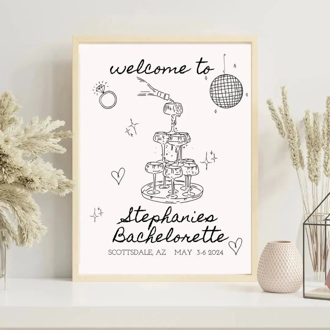 Personalized Monochrome Bachelorette Arrival Banner with Schedule Design - Sophisticated Stagette Accents Bach and Boujee Invitations