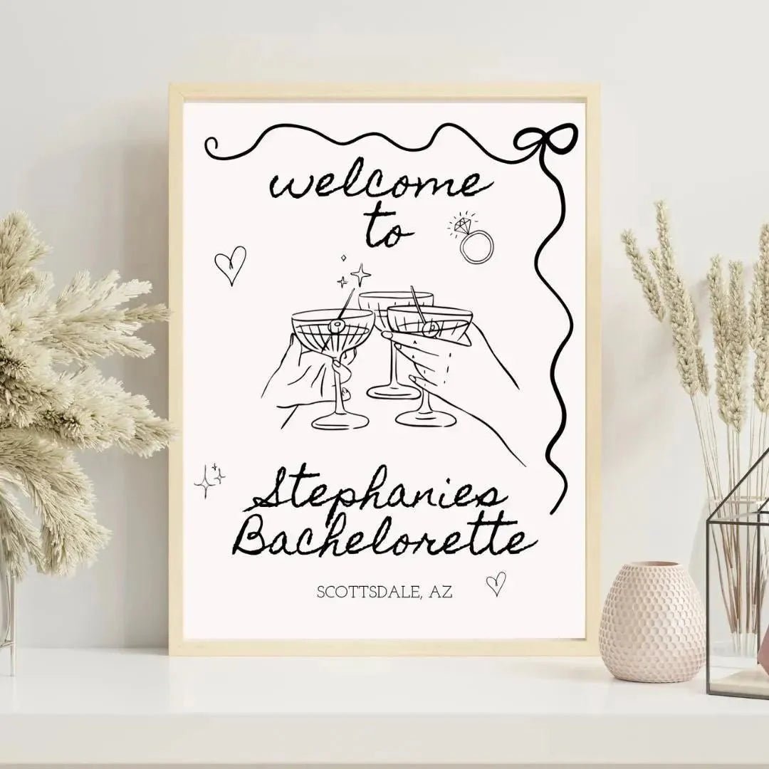 Personalized Monochrome Bachelorette Arrival Banner with Schedule Design - Sophisticated Stagette Accents Bach and Boujee Invitations