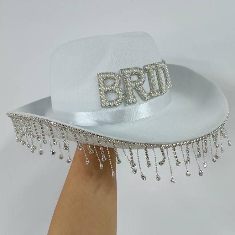 Rhinestone Bride Cowboy Hat with Veil - Bachelorette Cowgirl Hen Party Bach and Boujee