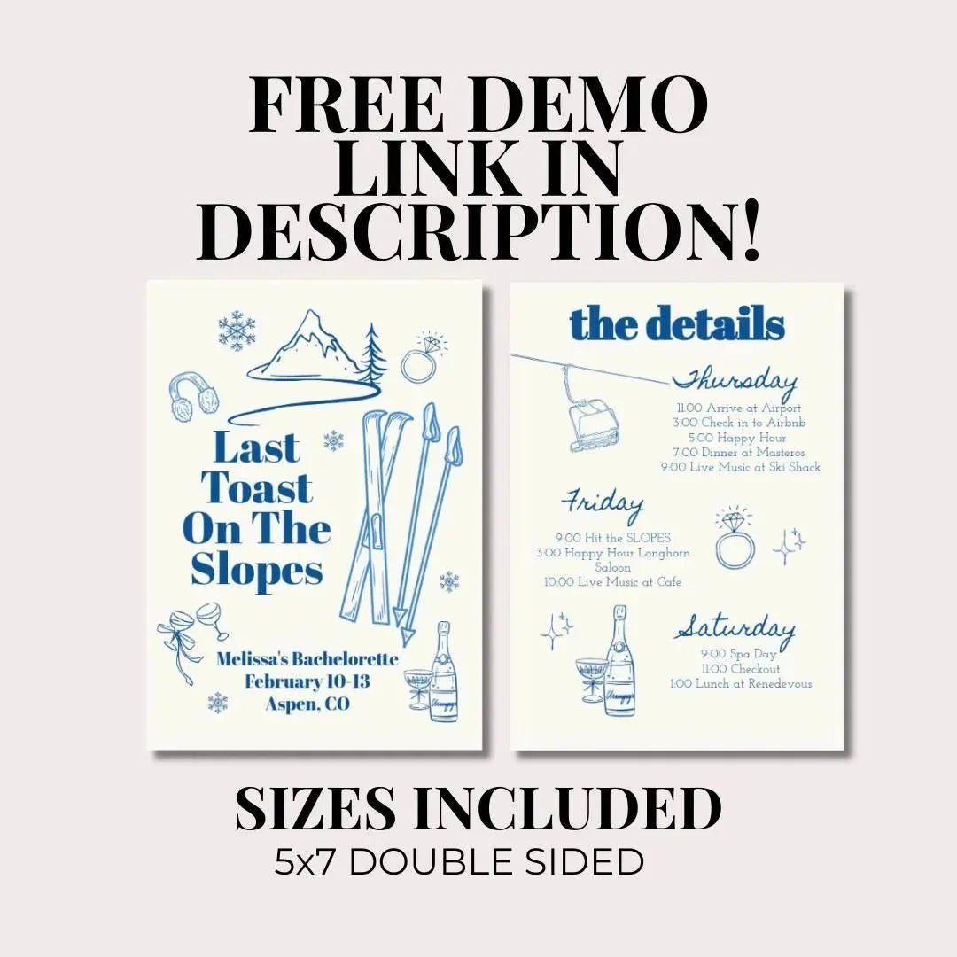 Ski - Themed Bachelorette Weekend Schedule Invitation Template - Final Run Before the Fun Hen Party Bach and Boujee Invitations