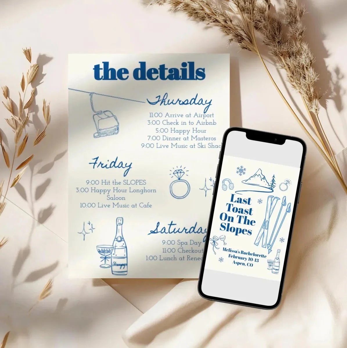 Ski - Themed Bachelorette Weekend Schedule Invitation Template - Final Run Before the Fun Hen Party Bach and Boujee Invitations