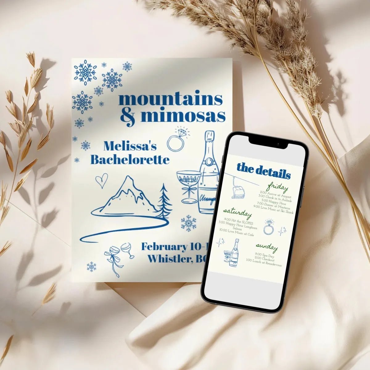 Winter Mountain Bachelorette Invitation Mountains Mimosas Hen Party Itinerary Bach and Boujee Invitations
