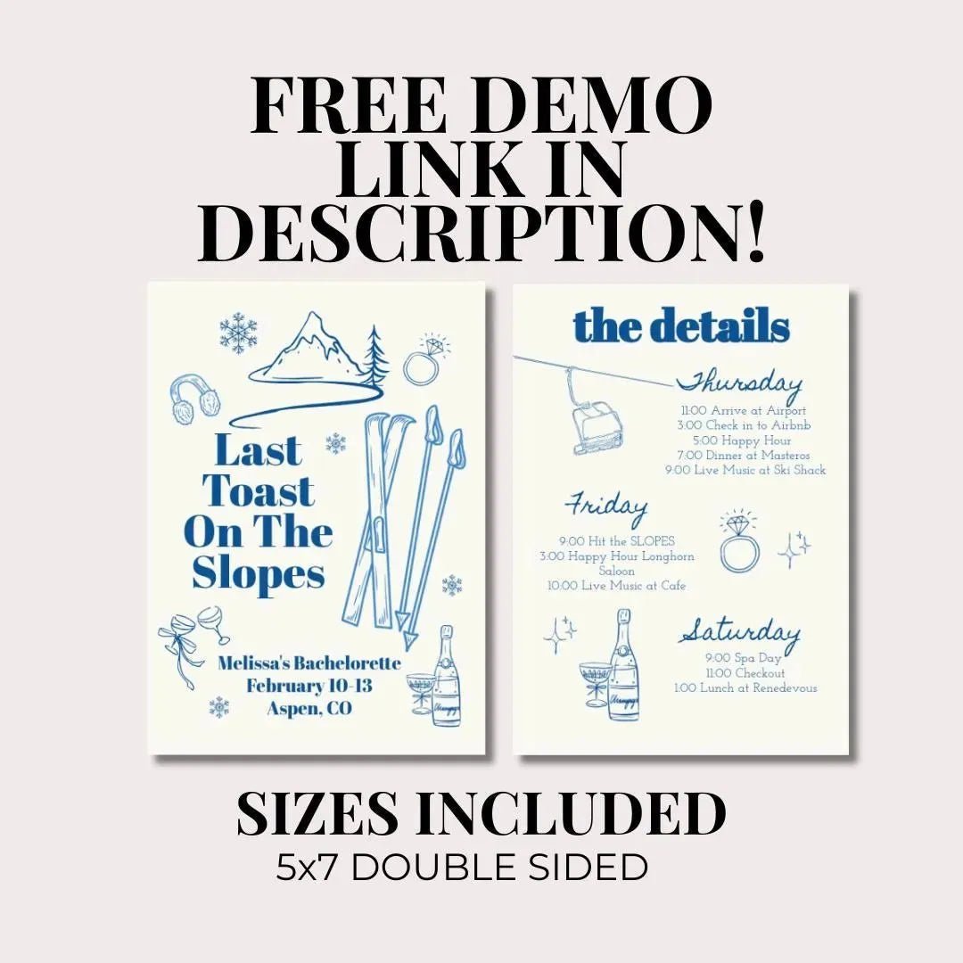 Winter Mountain Bachelorette Invitation Mountains Mimosas Hen Party Itinerary Bach and Boujee Invitations