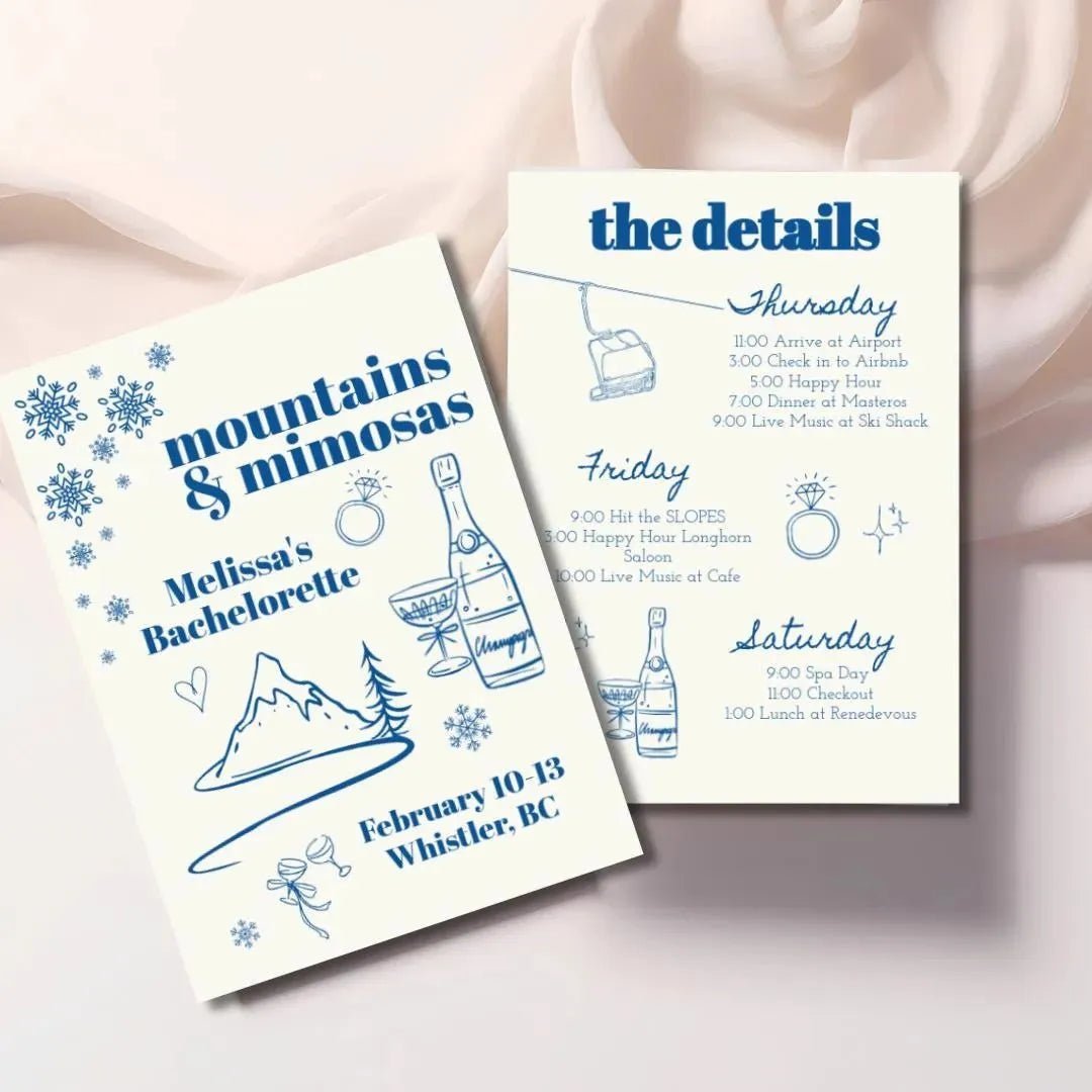 Winter Mountain Bachelorette Invitation Mountains Mimosas Hen Party Itinerary Bach and Boujee Invitations